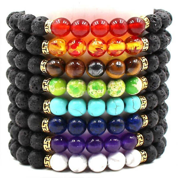 Chakra Armband Herr Svart Lava Healing Balance Beads Naturstensarmband All blessings