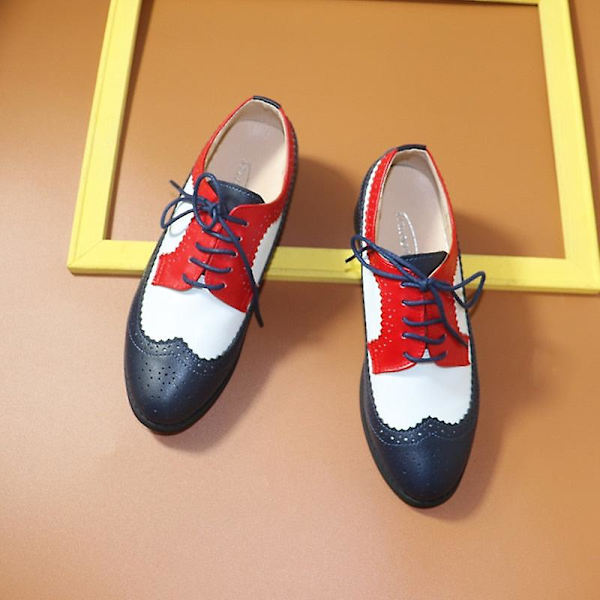 Women's Flats Oxfords Sneakers i äkta läder - Blå Vit Röd 9