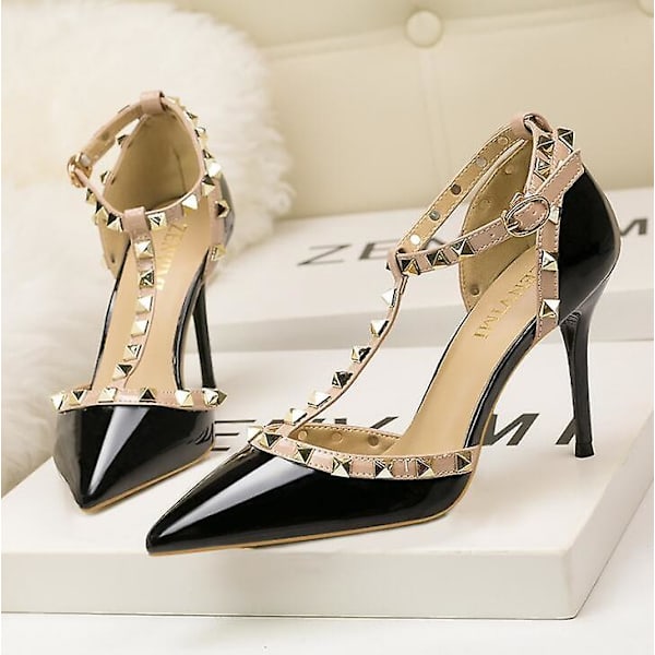 Roman Fashion Klackar Lack-läder Metallic Rivet Sandaler - Balck 34