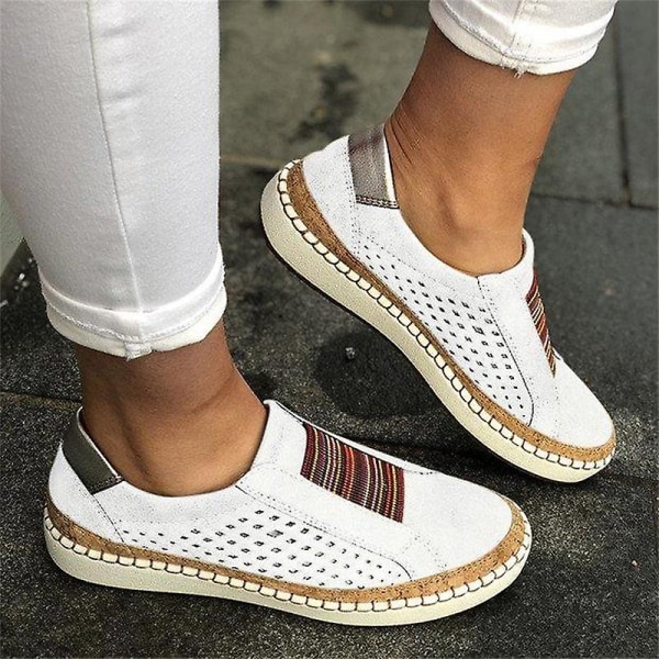 Kvinnor Handsydd Randig Andas Elastisk Retro Casual Flat Sneaker White1 42