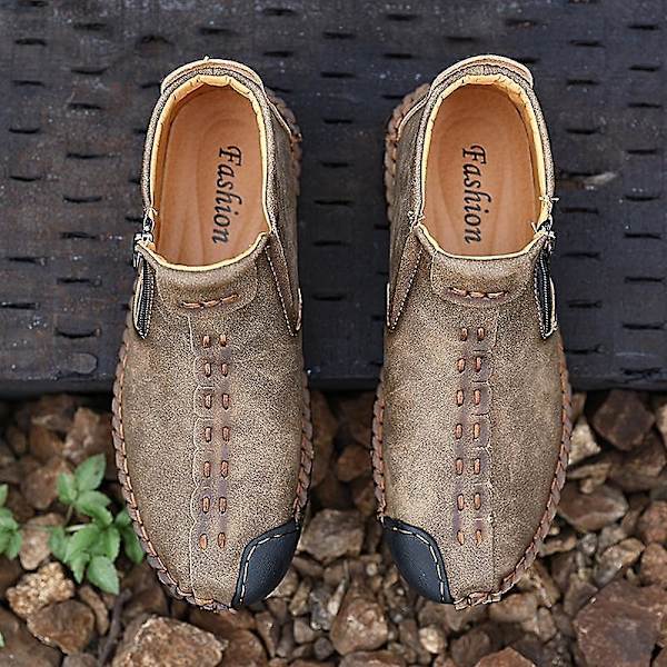 Läder- Casual Zipper Öppning Medium, Loafers Sneakers 10.5 / Khaki lace-up