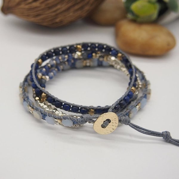 Sodalite Lapis Lazuli Triple Strands 5 Wraps Bohemian Beadwork Armband