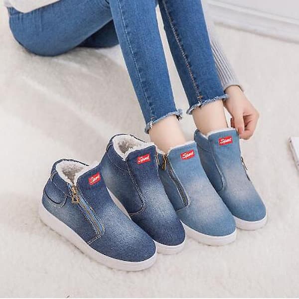 Nya Vinter Denim Ankel Warm Plush Thickening Flat Boots BLACK 4.5