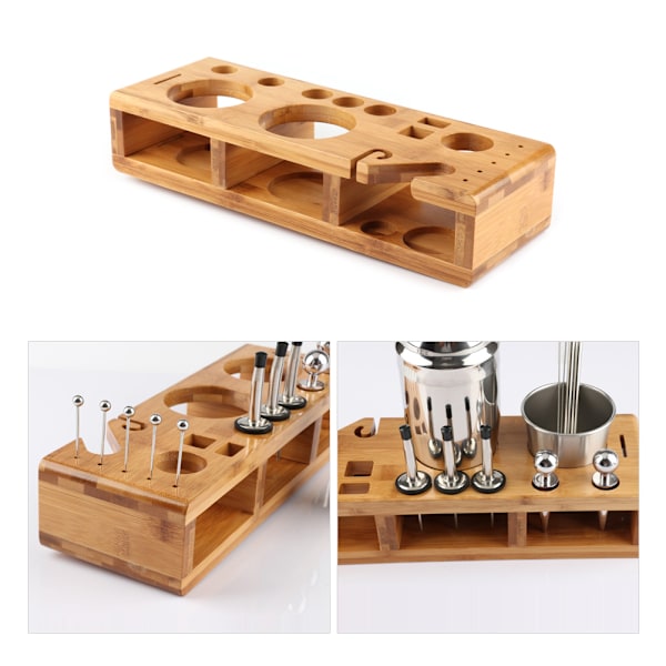 Cocktail Shaker Set med Träställ, Rostfritt Stål, Sil, Jigger, Muddler, Sked, Bartender Kit