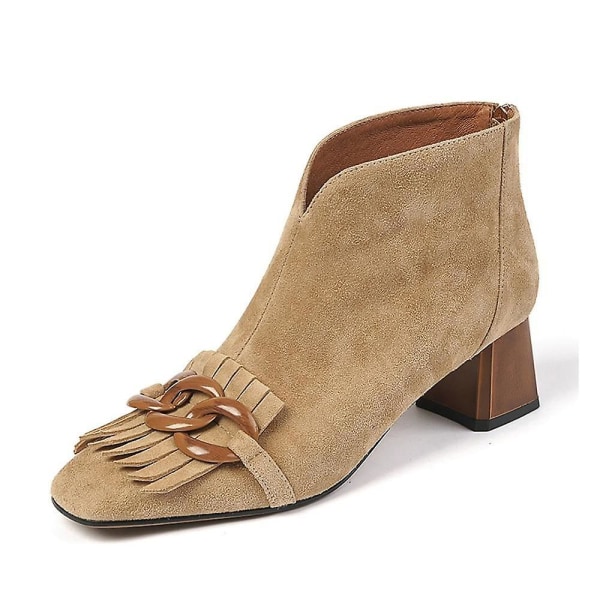 Får Mocka Fringe Ankel Chunky Högklack Fyrkantiga Tofs Boots camel short plush 6