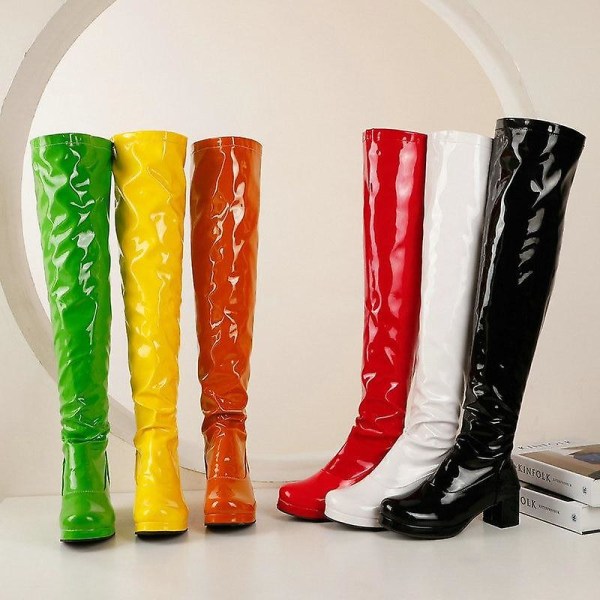 Patent Pu Läder Kvinnor Over The Knee Boots Yellow 9