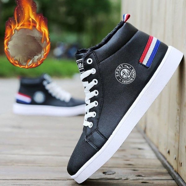 Vinterplysch för män, högtoppade sneakers i läder Black plush CN41(insole25.5cm