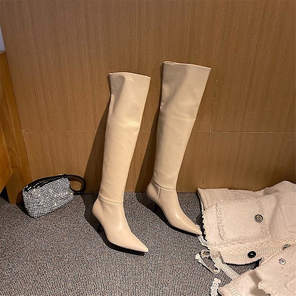 Kvinnor högklackade långa stövlar i äkta läder Beige Synthetic Lin 3