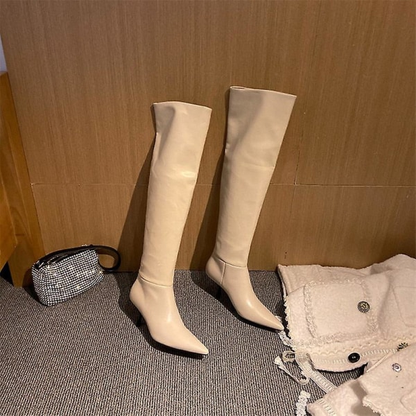 Kvinnor högklackade långa stövlar i äkta läder Beige Synthetic Lin 7.5