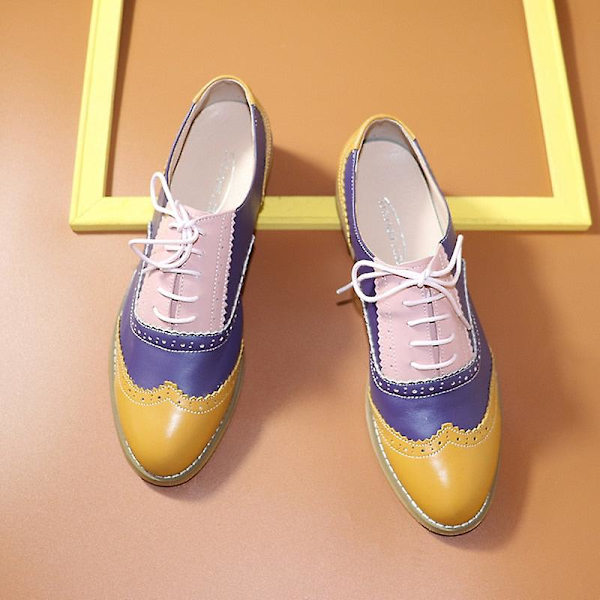 Kvinnors Flats Oxfords Sneakers i äkta läder - Gul Lila Rosa 7
