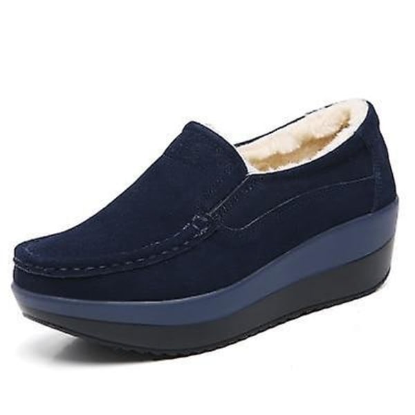 Höst Kvinna Plattform Skor, Läder Flats Tjock Sole Loafers blue plush 9