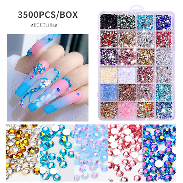 24 Fack Platt Resin Nagel Strass 3500 st för Akryl Naglar Manikyr DIY Dekorationer