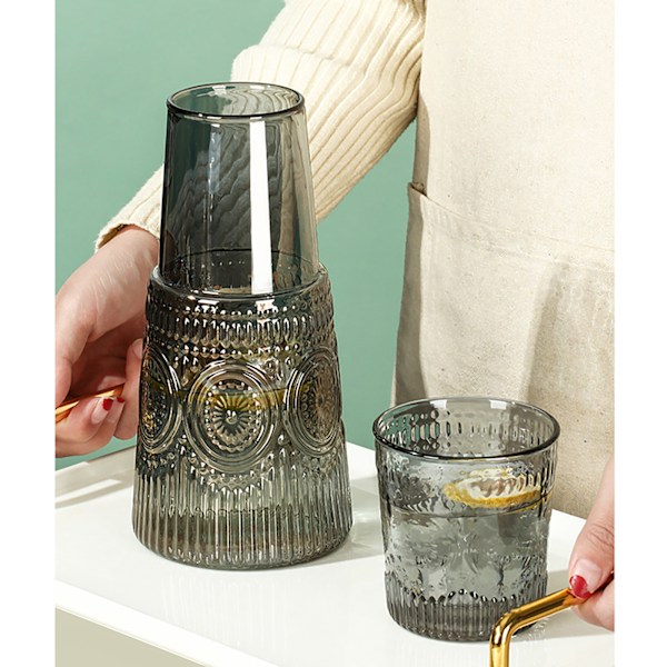 Vintage Transparent Vattenkylare Sängkanna och Glas Set Lättvikts Glas Vattenflaska