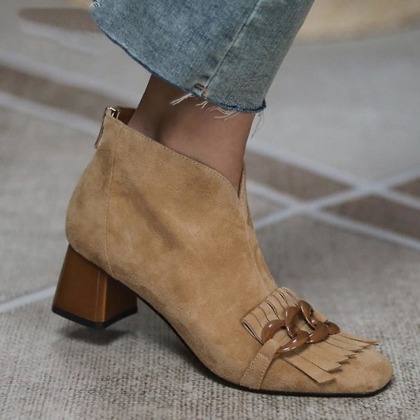 Får Mocka Fringe Ankel Chunky Högklack Fyrkantiga Tofs Boots blue 4