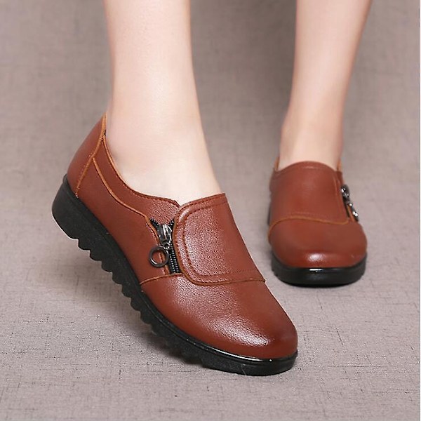 Dam Mode Casual Mjukt Läder Rund Tå, Ballerinaskor Red 36