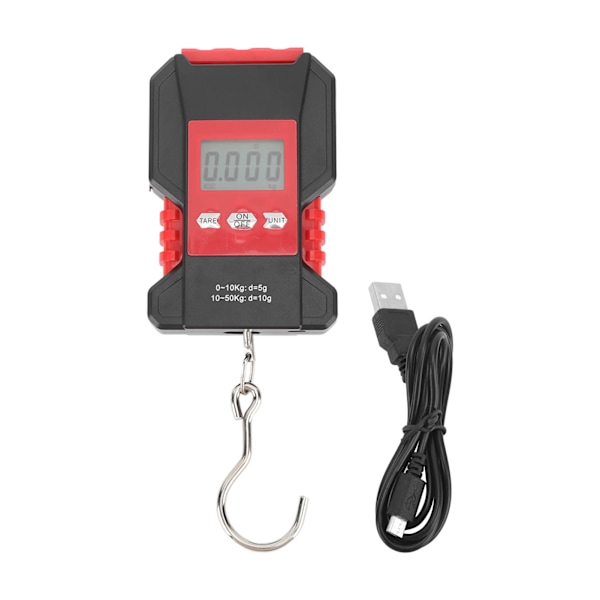 Digital fiskvåg 50 kg med bakgrundsbelyst LCD-display, USB-laddning, fiskevåg med måttband för bagage och resor