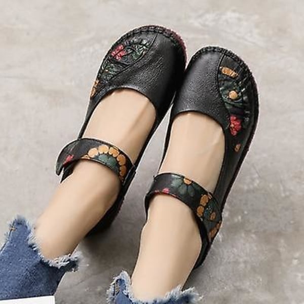 Vårmode Blomma Design Rund Toe Mjuk Botten Platta Skor 989 black flats 6