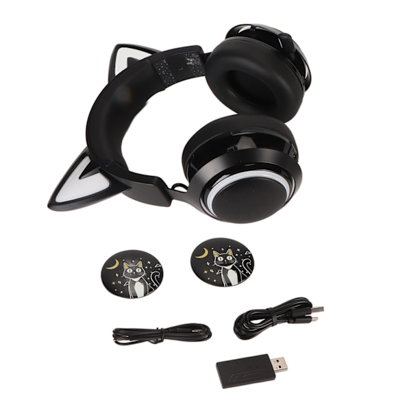Spelheadset med kattöron, RGB-belysning, Bluetooth, trådlösa hörlurar med infällbart 120 graders roterbart mikrofon för bärbara datorer, PC, svart