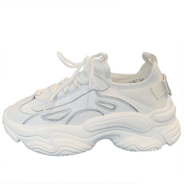 Damskor med snörning i tjocka plattform Casual läderskor, bekväma promenadsneakers white 8.5