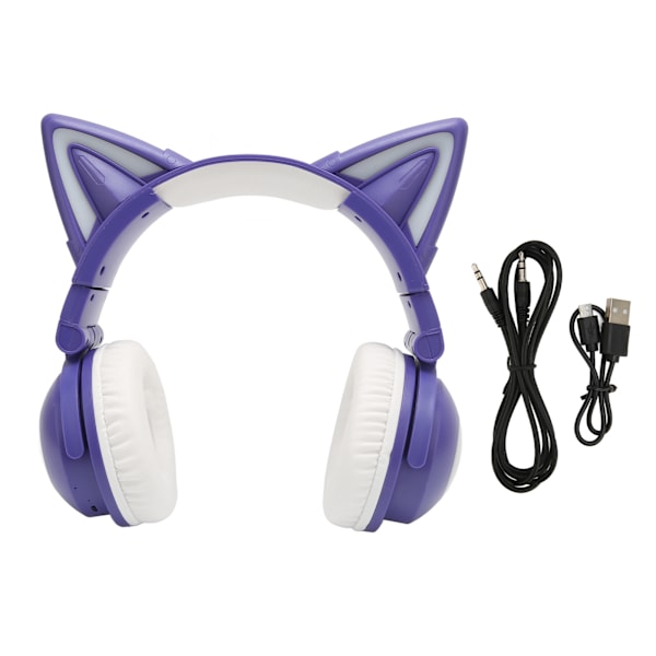 Bluetooth-headset med kattungeöron Stereo Söt Hög Känslighet Inbyggd Mikrofon Justerbar LED Barnheadset med 3,5 mm Kabel Lila