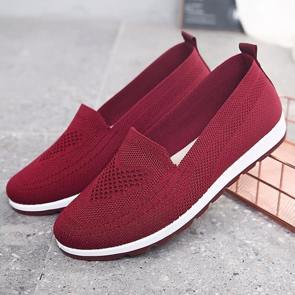 Kvinnor stickar andningsbara Loafers Platt balett, lätt sneaker red2 6