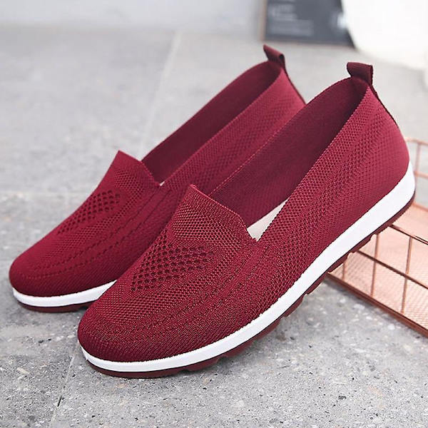 Kvinnor stickar andningsbara Loafers Platt balett, lätt sneaker red2 9