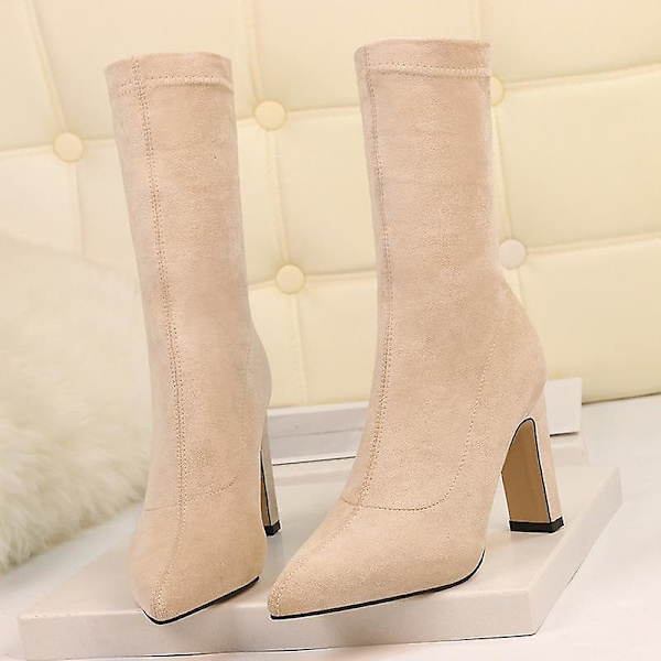 Dam Stora Storlekar Flock Sexiga Party Tjock Klack Ankelboots Skor Beige 9CM 9