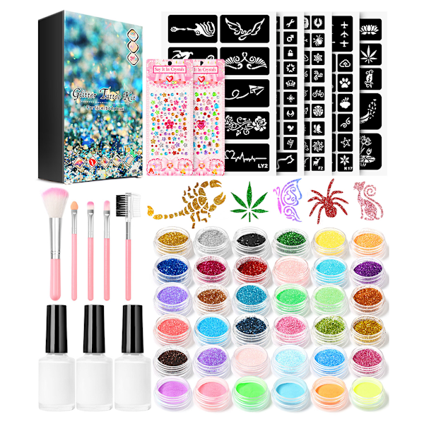 Kroppsglitter Tatuering Set Oregelbunden Temporär Ansiktsprimer Sminkset för Barn och Vuxna Födelsedag Halloweenfest
