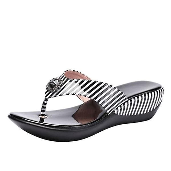 Sommar- plattform flip-flops, anti-slip läder sandaler Black white 6