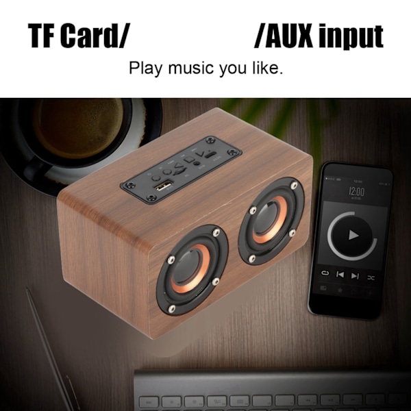 Trådlös Bluetooth-högtalare med subwoofer, FM-radio, HiFi-musikklocka, väckarklocka, stereo-subwoofer - Brun trä