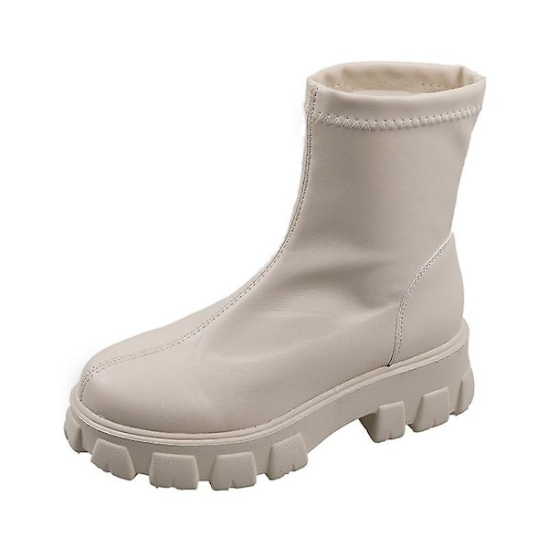 Chunky tjock sula Rund tå Ren färg Shallow Mouth Slip damstövlar 39 / White-Low-Top