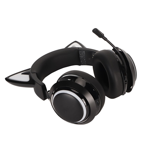 Spelheadset med kattöron, RGB-belysning, Bluetooth, trådlösa hörlurar med infällbart 120 graders roterbart mikrofon för bärbara datorer, PC, svart