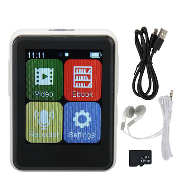 MP3-spelare Bluetooth 5.0 Intelligent HD Brusreducering FM-radio E-bok 1,8 tum Full pekskärm MP3-spelare Vit 64 GB minneskort