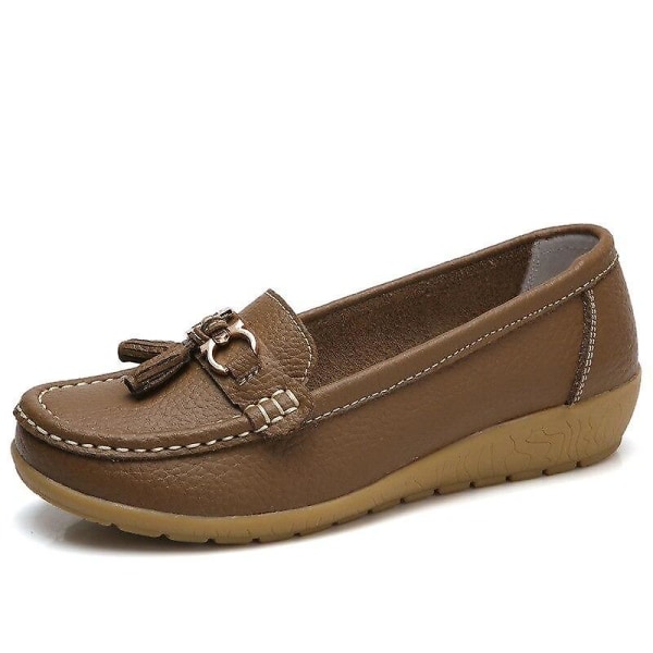 Summer Loafers, Äkta Läder Mjukt Äkta Läder Dam Platta Skor Set-1 Khaki 4.5