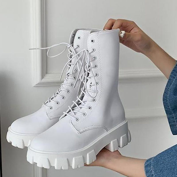 Nya Mid Calf Boots. Kvinnor Höst Vinter Snörning Dragkedja Botas White 40