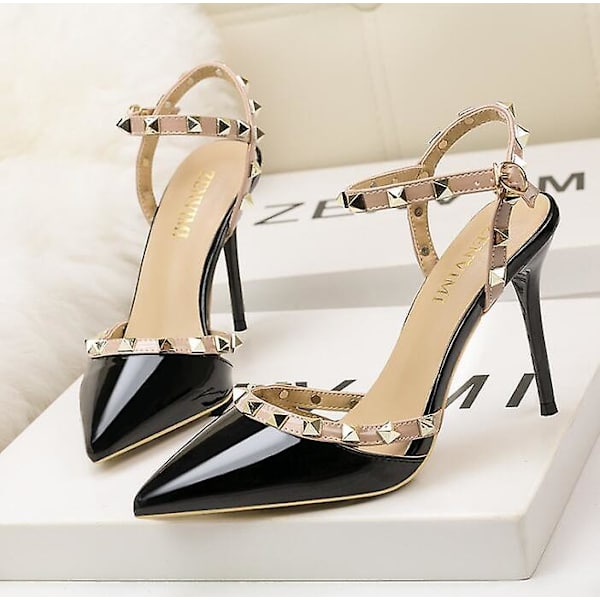Roman Fashion Klackar Lack-läder Metallic Rivet Sandaler - Svart 34