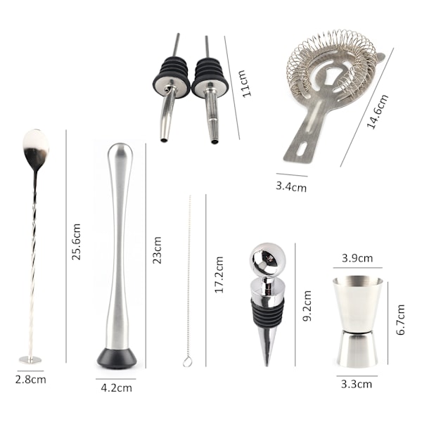 Cocktail Shaker Set med Träställ, Rostfritt Stål, Sil, Jigger, Muddler, Sked, Bartender Kit