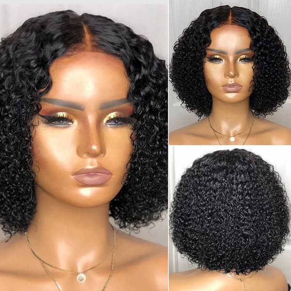 Lace Front Människohår Peruk Mittbena Lockig Closure Kort Peruk