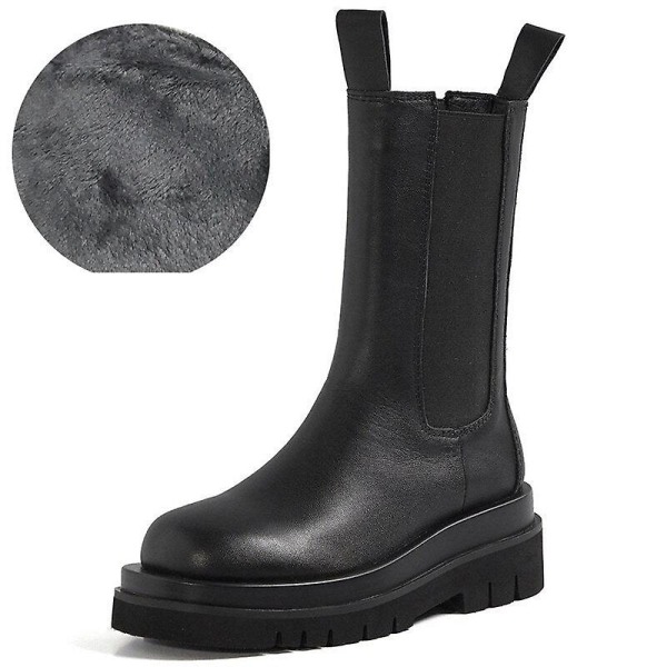 Chelsea-stövlar med tjock sula i äkta läder för kvinnor black short plush 4