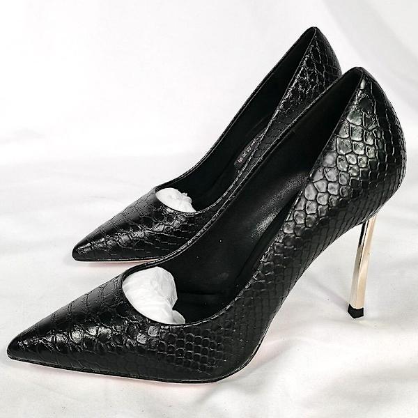 Dam Läder Spetsig Tå Tunna Höga Klackar Skor - 10cm Svart Ormmönster 8.5 / 10cm black snake