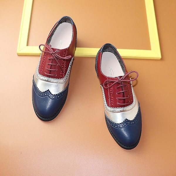 Women's Flats Oxfords Sneakers i äkta läder - Blue Silver Wine 8.5
