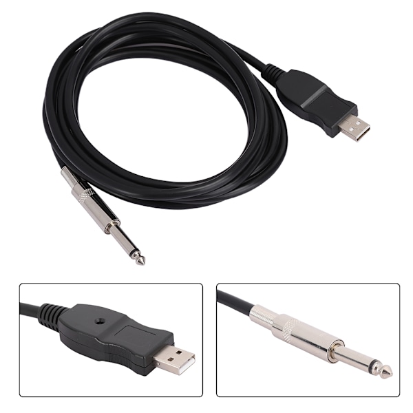 Bärbar Gitarr USB Ljudkabel Dator Sladd Länk Anslutning Instrument Adapter Svart 300cm
