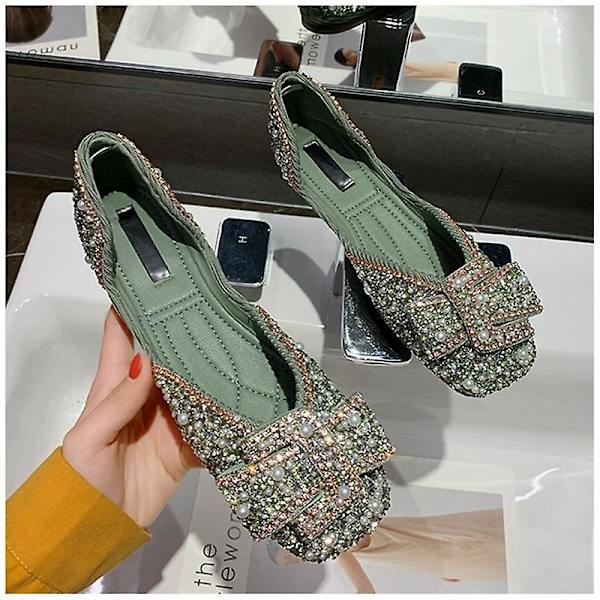 Fashionabla Bling Strass Rosett Slip On Vardagliga Ballerinaskor Green 34