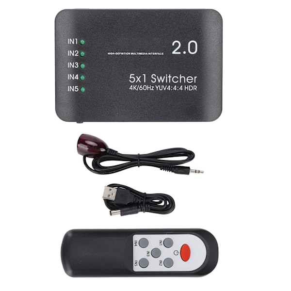 HD Multimedia Interface Switch 5 Port 4K vid 60Hz YUV 4:4:4 och HDR Hub 2.0 Switch med IR-fjärrkontroll för One X PS4 Pro