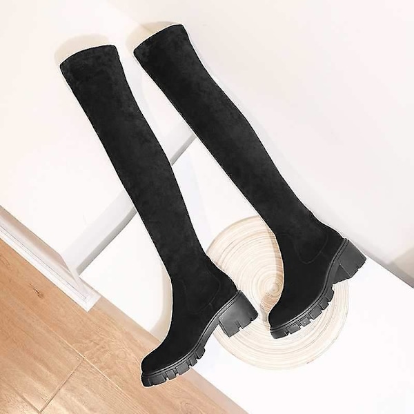 Winter Warm- Cow Leather Stretch, Rund Tå över knä, Stövlar med höga klackar 7.5 / black sheep suede