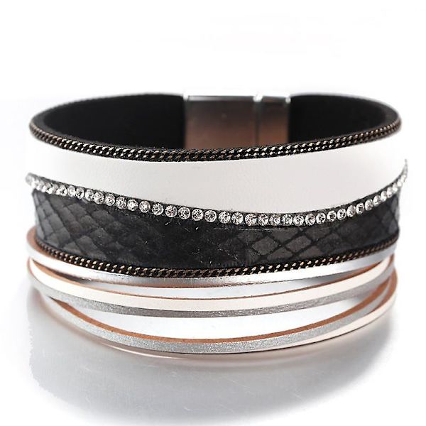 Kvinnor Läderarmband, Crystal Bohemian Wrap Multilayer Wide Armband White
