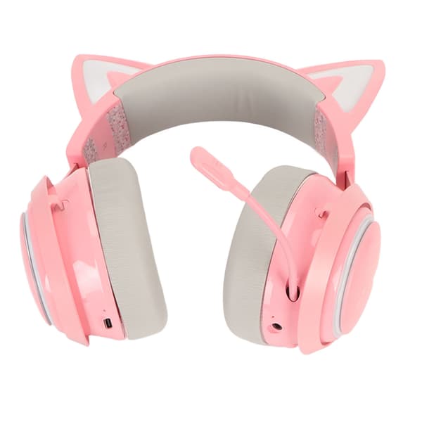 Spelheadset med kattöron, RGB-belysning, Bluetooth, trådlösa hörlurar med infällbart 120 graders roterbart mikrofon för bärbara datorer, PC, rosa