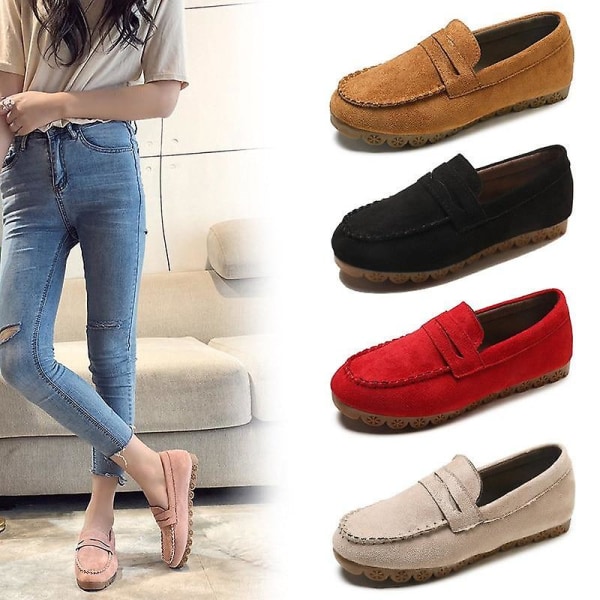 Kvinna Mjuk Botten Halkfria Platta Skor Kvinnliga Loafers Red no plush 5