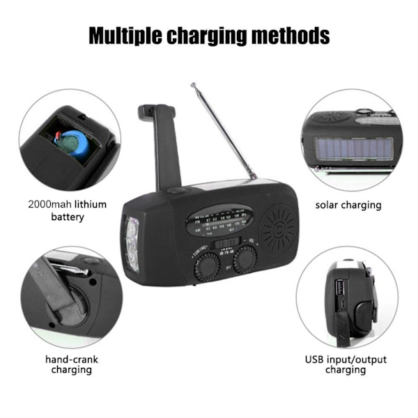Portabel Nödradio med Solpanel och Handvev 1000mah, Nödradio med LED-ficklampa SOS-alarm Handvevsradio för utomhusnöd