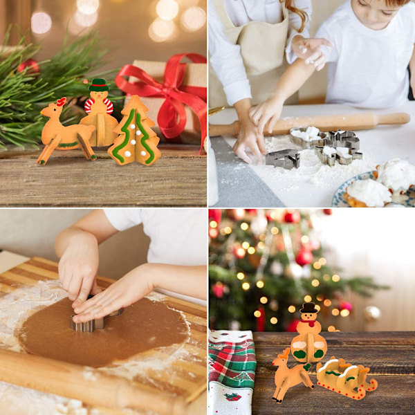 8 st/set 3D-formar i rostfritt stål med julgran, snögubbe, släde, älg bakform för julfest